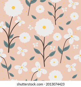 Patrón sin foco con lindas flores de dibujos animados y hojas para impresión de tela, textil, papel de envoltura de regalo. vector colorido para textil, de estilo plano