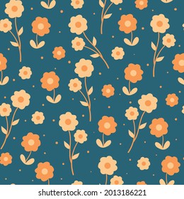 Patrón sin foco con lindas flores de dibujos animados y hojas para impresión de tela, textil, papel de envoltura de regalo. vector colorido para textil, de estilo plano