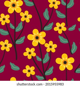 Seamless pattern with cute cartoon flowers and leaves for fabric print, textile, gift wrapping paper. colorful vector for textile, flat style