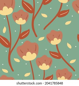 Patrón sin foco con lindas flores de dibujos animados y hojas para impresión de tela, textil, papel de envoltura de regalo. vector colorido para textil, de estilo plano