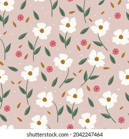 Seamless pattern with cute cartoon flowers and leaves for fabric print, textile, gift wrapping paper. colorful vector for textile, flat style