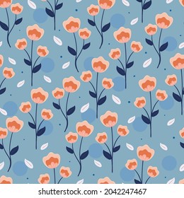Seamless pattern with cute cartoon flowers and leaves for fabric print, textile, gift wrapping paper. colorful vector for textile, flat style