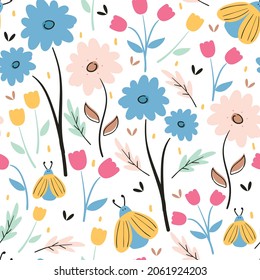Seamless pattern with cute cartoon flowers and insect for fabric print, textile, gift wrapping paper. colorful vector for textile, flat style