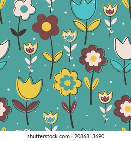 Patrón sin foco tierno de dibujos animados de flores y hojas. fondo de pantalla de colección primavera, para impresión de tela y pañuelo