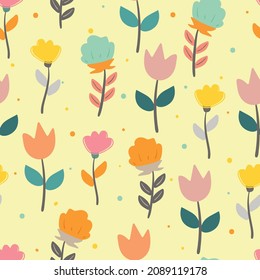 Patrón sin foco tierno de dibujos animados de flores y hojas. fondo de pantalla de colección primavera, para impresión de tela y pañuelo