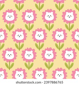 Patrón sin foco de lindas flores de dibujos animados y oso. papel pintado lindo para papel de envoltura de regalo, textil, vector colorido para niños, de estilo plano