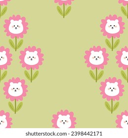 Patrón sin foco de lindas flores de dibujos animados y oso. papel pintado lindo para papel de envoltura de regalo, textil, vector colorido para niños, de estilo plano