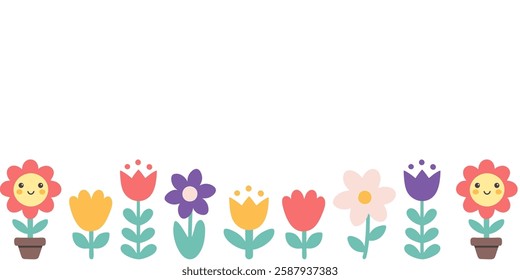 Seamless pattern with cute cartoon flowers along the bottom edge on a white background. Bright spring floral design. Perfect for banners, invitations, and kids decor.