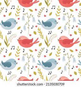 Seamless pattern with cute cartoon flying singing birds and spring flowers, lily of the valley, bluebell, herbs and twigs. For baby textiles. Color vector illustration on a white background