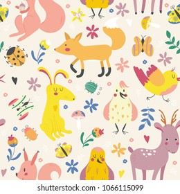 Seamless pattern with cute cartoon forest animals on a light background. Children vector illustration.