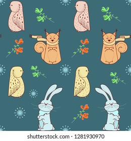 Seamless pattern with cute cartoon forest animals. Vector Illustration