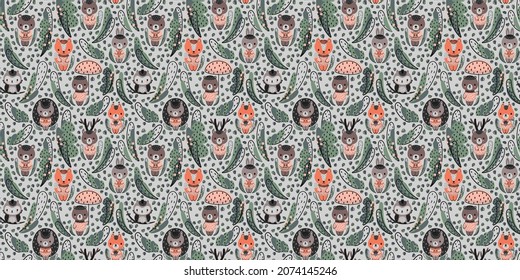 Seamless pattern with cute cartoon forest animals, fir trees, plants, leaves on a light gray background. Deer, hares, squirrels, beavers, owls, foxes, bears, hedgehogs in pink sweaters. Vector.