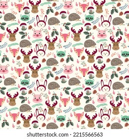 Seamless pattern of cute cartoon forest animals. Vector illustration for children with cute animals - fox, deer, bear, rabbit, hedgehog and racoon.