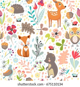 Seamless pattern with cute cartoon forest animals on white background. Different plants. Children's vector illustration.