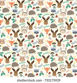 Seamless pattern with cute cartoon forest animals on beige background. Vector illustration for children with  pattern with cute animals - fox, deer, bear, rabbit, hedgehog and racoon