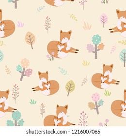 seamless pattern cute cartoon  fox mom and baby in the garden. wolf in the forest ,pastel, vintage color background,illustration vector comic art.