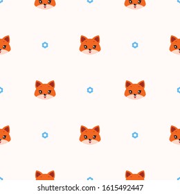 Seamless pattern with cute cartoon fox faces and flowers on white background. Illustration in flat style. Vector 8 EPS.