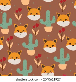 Seamless pattern with cute cartoon fox for fabric print, textile, gift wrapping paper. colorful vector for textile, flat style