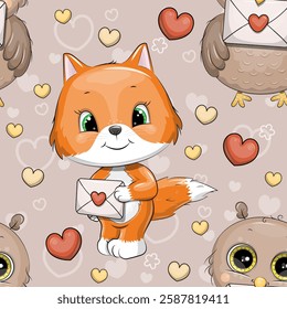 Seamless pattern with cute cartoon fox and owl with love letters. Vector illustration on a gray background with animals, love letters and hearts.