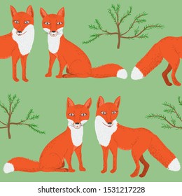 Seamless pattern of cute cartoon foxes and conifer tree. Childish repeatable textile vector, wallpaper design.