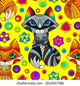 Seamless pattern with cute cartoon foxes, raccoons and flowers, bright animals on a yellow background