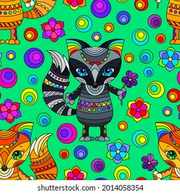Seamless pattern with cute cartoon foxes, raccoons and flowers, bright animals on a green background