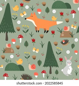 Seamless pattern with cute cartoon foxes, hares, birds, hedgehogs and snails in green forest. Vector illustration.