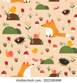 Seamless pattern with cute cartoon foxes, birds, hedgehogs and snails in forest. Vector illustration.