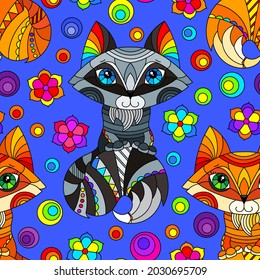 Seamless pattern with cute cartoon foxes, raccoons and flowers, bright animals on a blue background