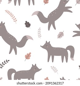 Seamless pattern with cute cartoon foxes. Vector illustration for printing on fabric, children's clothing, wrapping paper