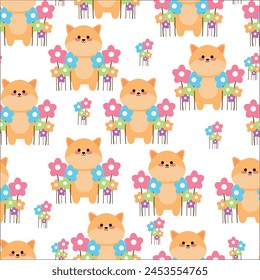 Seamless pattern with cute cartoon foxes, and flower prints on fabric, textile, gift wrapping paper. colorful vector for children, flat style