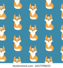 Seamless pattern with cute cartoon foxes in flat style on blue background. Ideal for kids' fabrics, school supplies, nursery decor, and woodland-themed children's products.