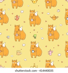 Seamless pattern with cute cartoon foxes, teapot and cups on morning background. Children's illustration. Vector image.