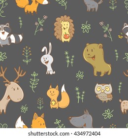 Seamless pattern with cute cartoon foxes, squirrels, wolves, bears, raccoons, owls, deer,  rabbits on  gray background. Different plants. Vector image. Funny forest animals. Children's illustration.