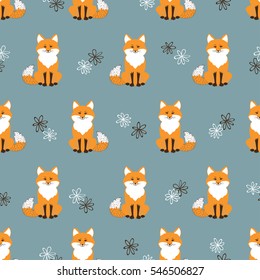 Seamless pattern with cute cartoon foxes on blue. Vector background.