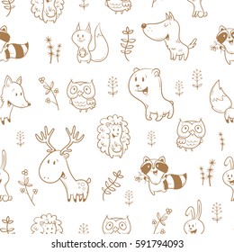 Seamless pattern with cute cartoon foxes, squirrels, wolves, bears, raccoons, owls, deer, rabbits on white  background. Different plants. Vector contour funny forest animals. Children's illustration.