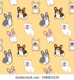 Seamless Pattern of Cute Cartoon French Bulldog Illustration Design on Yellow Background