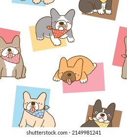 Seamless Pattern with Cute Cartoon French Bulldog and Square Design on White Background