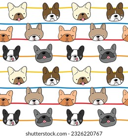 Seamless Pattern of Cute Cartoon French Bulldog Face Design on White Background with Lines