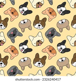 Patrón sin inconvenientes con dibujos animados personalizados Diseño de la cabeza del bulldog francés en fondo amarillo