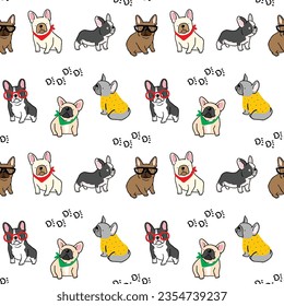 Seamless Pattern of Cute Cartoon French Bulldog Design on White Background