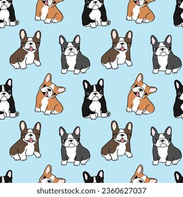 Seamless Pattern of Cute Cartoon French Bulldog Design on Light Blue Background