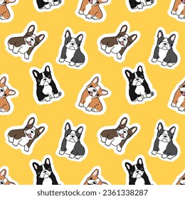 Nahtlose Muster eines scharfen französischen Bulldoggen-Designs auf gelbem Hintergrund