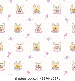 Patrón sin fisuras de caricatura Cara de bulldog francés y diseño estelar sobre fondo rosa claro con puntos