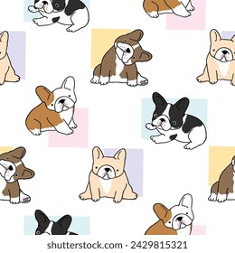 Seamless Pattern of Cute Cartoon French Bulldog Design on White Background with Pastel Square