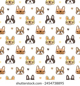 Seamless Pattern of Cute Cartoon French Bulldog Face and Heart Design on White Background