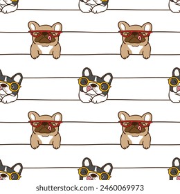 Seamless Pattern of Cute Cartoon French Bulldog and Line Design on White Background