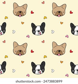 Seamless Pattern with Cute Cartoon French Bulldog Face and Heart Design on Light Yellow Background