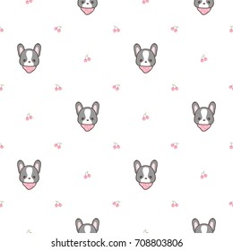 Seamless Pattern of Cute Cartoon French Bulldog and Cherry Design on White Background
