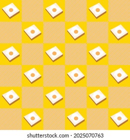 Seamless pattern. Cute cartoon Fried Eggs Bread on yellow checkered. Beautifully alternating squares. Illustration abstract background. Art design. Vector EPS10.